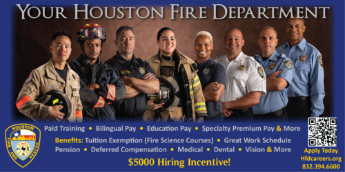Houston Firefighters lined up in different gear. With pay incentive information shown.